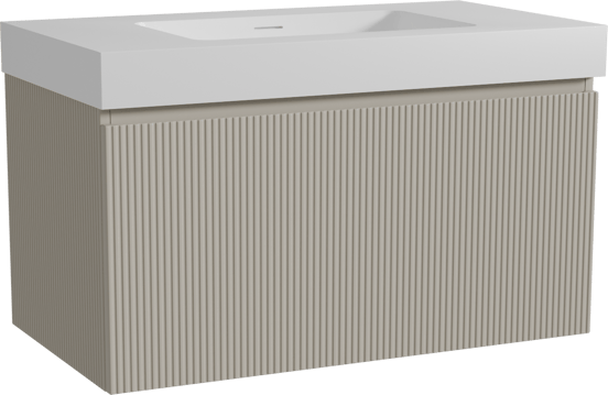 Storke Ribs meuble salle de bains suspendu 95 x 52 cm soie grise avec Mata High plan simple en solid surface blanc mat, Nervure droite symétrique verticale