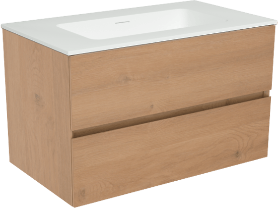 Storke Edge hängendes Möbelstück Set: 80 x 46 cm, Rohe Eiche, mit Mata Einzelwaschtisch, Solid Surface Weiß matt