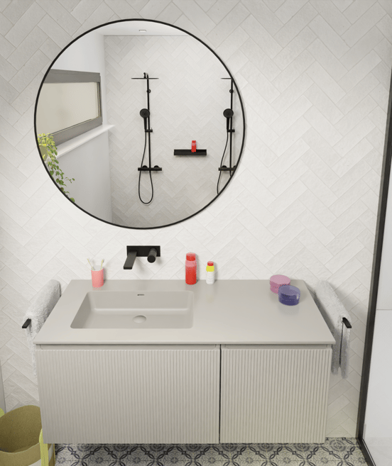 Storke Diva asymmetrisch linkse wastafel mat zijdegrijze top solid 120 x 52 cm