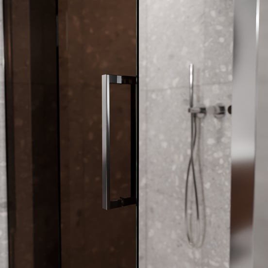 Balmani Senses Design douchehoek met linkse schuifdeur en vaste zijwand, 120 x 90 cm, Brons, Glanzend chroom profielen