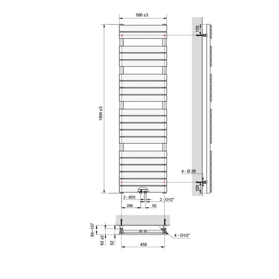 ENKEL VOOR DUITSE MARKT - Vipera Vulcan enkele handdoekradiator 50 x 180 cm elektrische verwarming mat wit zij- en middenaansluiting 1.049W, weerstand inbegrepen