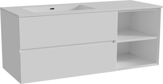 Storke Edge zwevend badmeubel 130 x 52 cm hoogglans wit met Diva asymmetrisch linkse wastafel in composietmarmer hoogglans wit