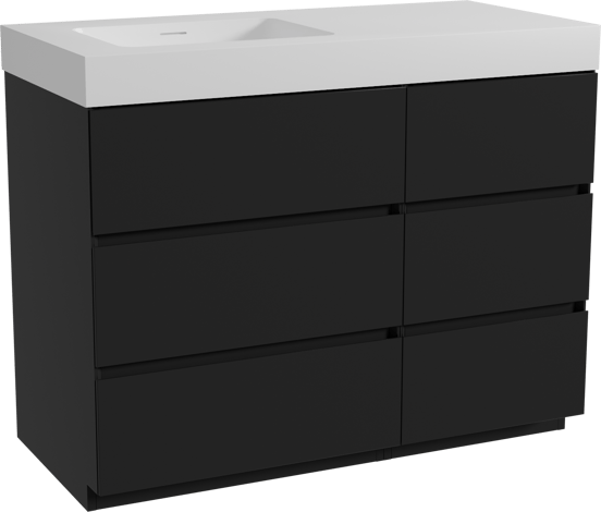 Storke Edge staand badmeubel 110 x 52 cm mat zwart met Mata High asymmetrisch linkse wastafel in solid surface mat wit