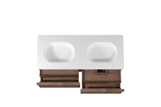 Balmani Forma zwevend badmeubel 135 x 55 cm amerikaans notenhout met Tablo Oval dubbele wastafel in solid surface mat wit, Verticale symmetrische rechte ribbel