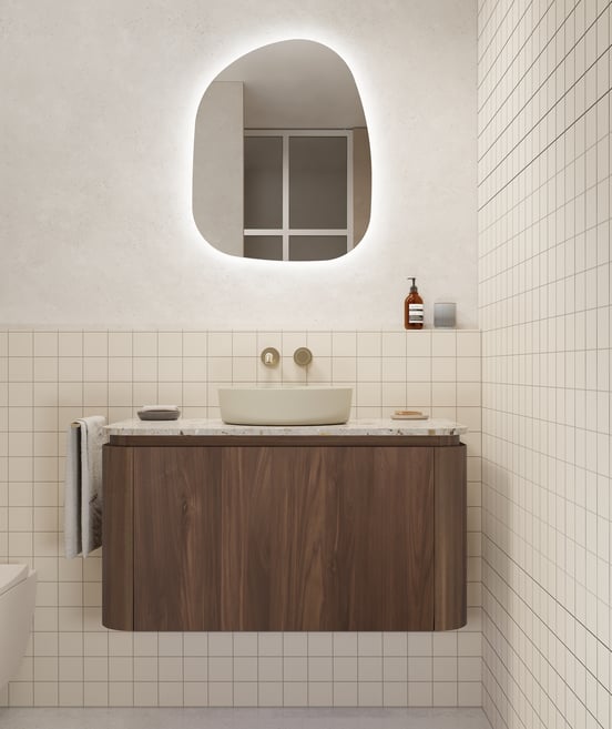 Balmani Moon hängender Waschbeckenunterschrank: 100 x 55 cm, Amerikanischer Nussbaum, 2 Schubladen