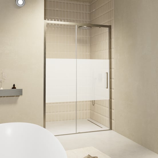 Balmani Senses Design Dusche Schiebetür, Links, 140 cm x 210 cm, Klarglas mit mattiertem Streifen, Profil Brushed GunMetal, inklusive Coating