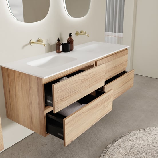 Balmani Lucida zwevend badmeubel 150 x 55 cm teakhout met Tablo Arcato dubbele wastafel in solid surface mat wit