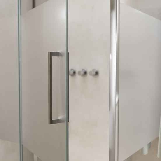 Balmani Senses Design douche en coin avec porte pivotante à gauche et paroi latérale fixe, 140 x 90 cm, Verre transparent avec bande matte, Profil chrome