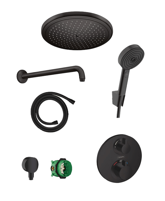 Hansgrohe Ecostat S Duschsystem: Unterputz, inkl. Thermostat-Duscharmatur, inkl. Duschkopf, 28cm Schwarz Matt