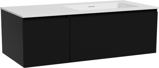 Storke Edge zwevend badmeubel 110 x 52 cm mat zwart met Mata asymmetrisch rechtse wastafel in solid surface mat wit