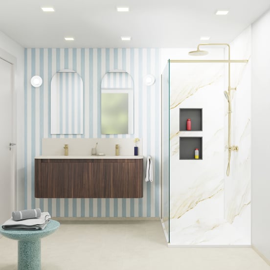 Storke Soft zwevend badkamermeubel 140 x 46 cm notelaar met Mata Soft dubbele wastafel in solid surface beige granita, Verticale symmetrische rechte ribbel