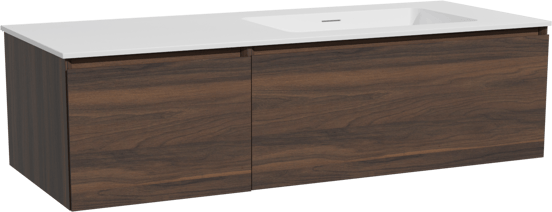 Storke Edge zwevend badmeubel 130 x 52 cm notenhout met Mata asymmetrisch rechtse wastafel in solid surface mat wit