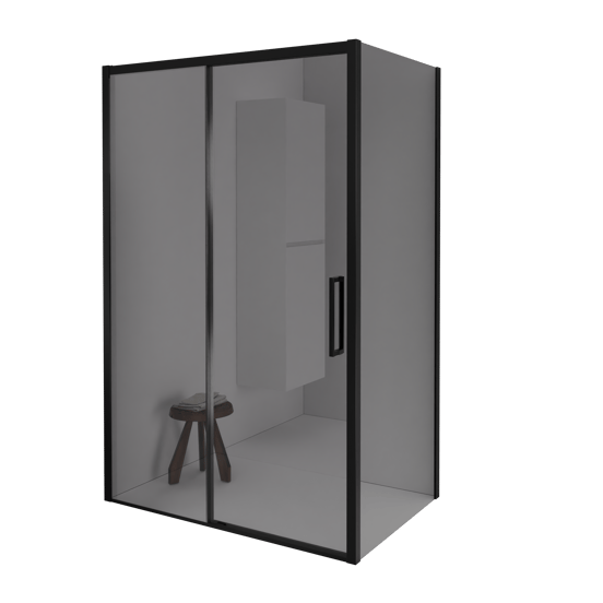 Balmani Senses Design Eckdusche: Schiebetür (Links) mit fixierte Seitenwand, 160 x 80 cm, Reflex-Spiegelglas, Profil Schwarz matt