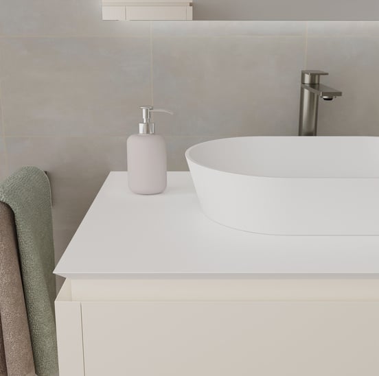 Balmani Eclips zwevend badmeubel 120 x 55 cm Sandbeige met Eclips enkel of dubbel wastafelblad in Solid Surface mat wit