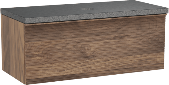 Balmani Forma meuble salle de bains suspendu 120 x 55 cm noyer américain avec Rock tablette simple en granit noir, Nervure gauche symétrique horizontale