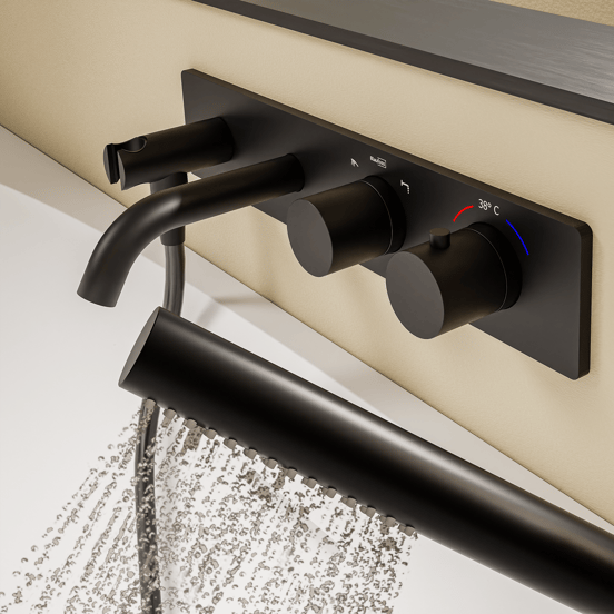 Blaufoss Round thermostatische inbouw badkraan met douchekop Mat Zwart incl. inbouwelement