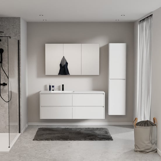 Storke Seda zwevend badkamermeubel 150 x 52 cm mat wit met Mata asymmetrisch linkse wastafel in solid surface mat wit