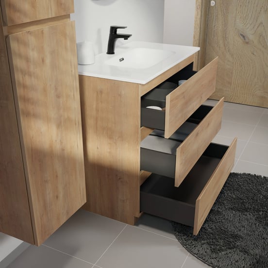 Linie Lado meuble salle de bains à poser 80 x 46 cm chêne naturel avec Baro plan simple en porcelaine blanc brillant