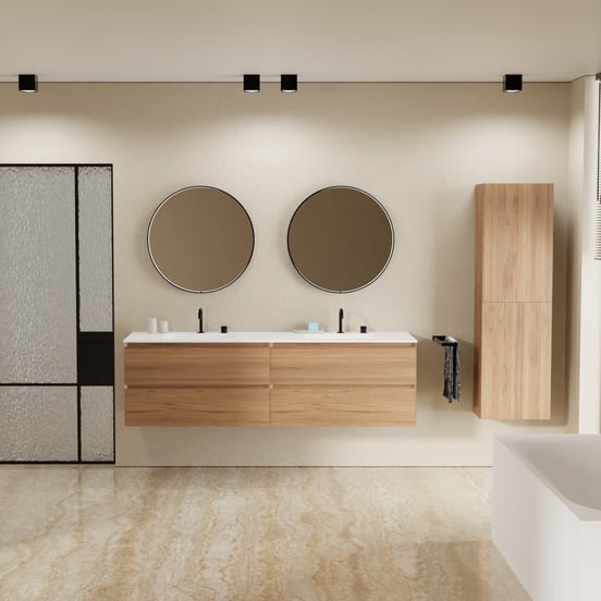 Balmani Mitra meuble salle de bains suspendu 180 x 55 cm teck avec Tablo Arcato double vasque en solid surface blanc mat