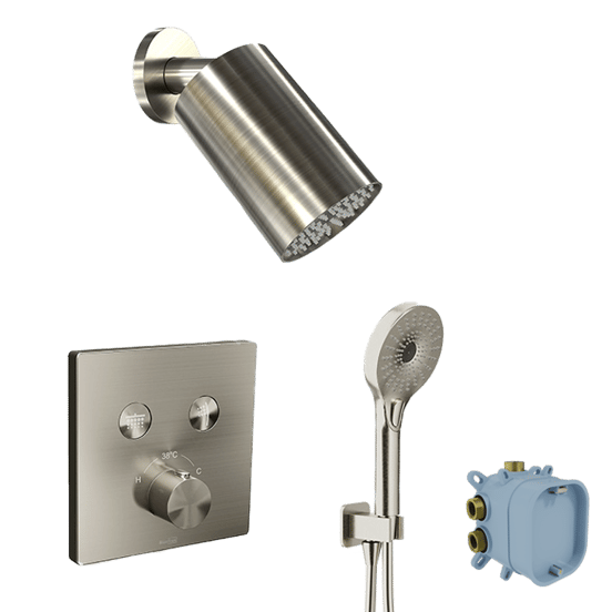 Blaufoss Switch-Line Duschsystem: Unterputz, inkl. Thermostat-Duscharmatur, inkl. Duschkopf, 14 x 9 cm, Brushed coolmetal