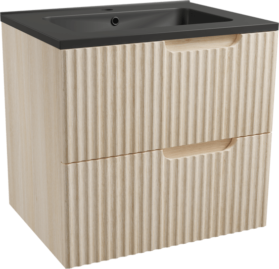 Linie Ribbo zwevend badmeubel 60 x 46 cm licht eiken met Vano enkele wastafel in composietmarmer mat zwart, Verticale symmetrische ronde ribbel