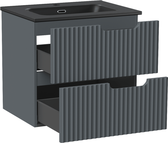 Linie Ribbo zwevend badmeubel 60 x 46 cm blauw antraciet met Baro enkele wastafel in porselein mat zwart, Verticale symmetrische ronde ribbel