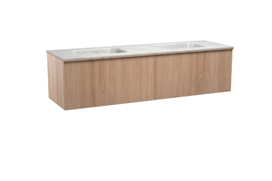 Balmani Forma zwevend badmeubel 180 x 55 cm naturel eiken met Tablo Arcato dubbele wastafel in marmer carrara, Verticale symmetrische rechte ribbel