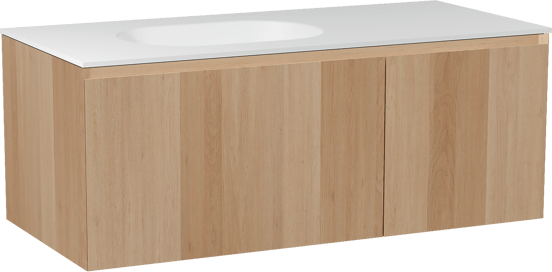 Balmani Idra hängendes Möbelstück Set: 120 x 55 cm, Naturbelassene Eiche, mit Tablo Oval Waschtisch links, Solid Surface Weiß matt