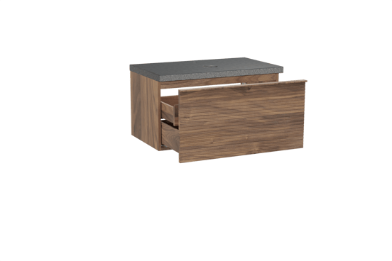 Balmani Forma meuble salle de bains suspendu 90 x 55 cm noyer américain avec Rock tablette simple en granit noir, Nervure gauche symétrique horizontale