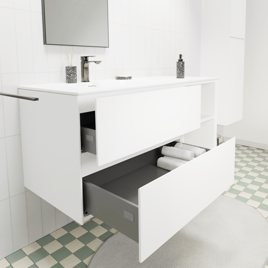 Storke Edge hängendes Möbelstück Set: 120 x 52 cm, Weiß matt, mit Mata Waschtisch links, Solid Surface Weiß matt