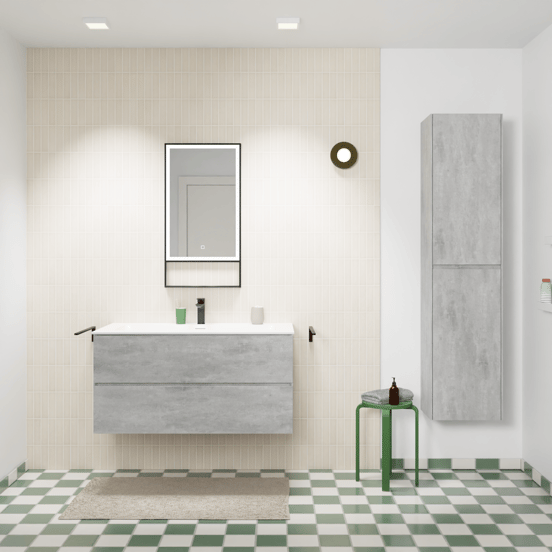 Storke Edge zwevend badmeubel 105 x 52 cm beton donkergrijs met Mata enkele wastafel voor 2 kraangaten in solid surface mat wit