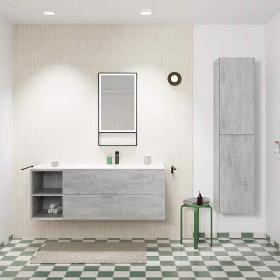 Storke Edge zwevend badmeubel 140 x 52 cm beton donkergrijs met Mata asymmetrisch rechtse wastafel in solid surface mat wit