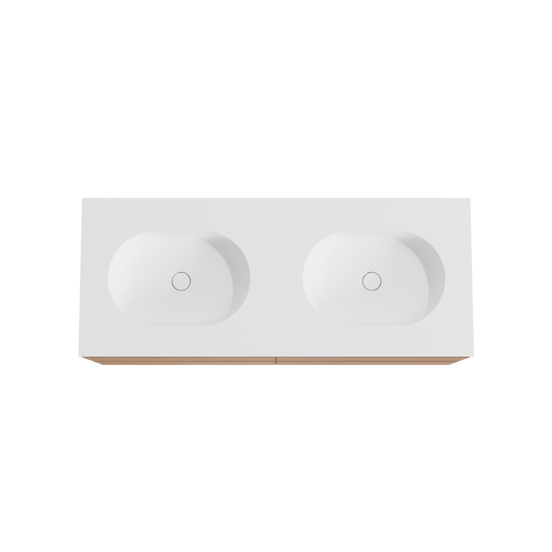 Balmani Mitra zwevend badmeubel 135 x 55 cm teakhout met Tablo Oval dubbele wastafel in solid surface mat wit