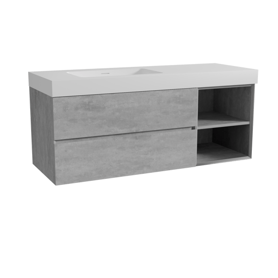 Storke Edge zwevend badmeubel 140 x 52 cm beton donkergrijs met Mata High asymmetrisch linkse wastafel in solid surface mat wit