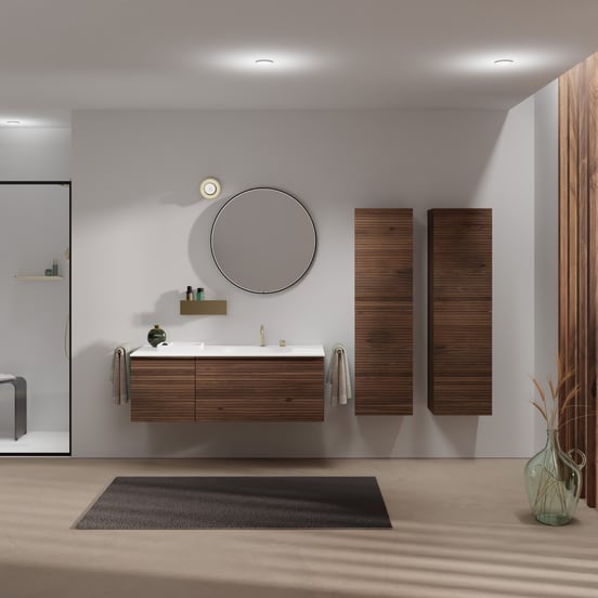 Balmani Forma meuble salle de bains suspendu 135 x 55 cm noyer américain avec Tablo Arcato plan vasque asymétrique à droite en solid surface blanc mat, Nervure droite symétrique horizontale