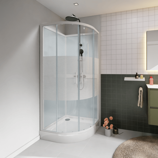 Luca Varess Talan kwartronde douchecabine met schuifdeuren 90 x 90 cm helder glas met mat gestreepte strook glanzend wit profiel