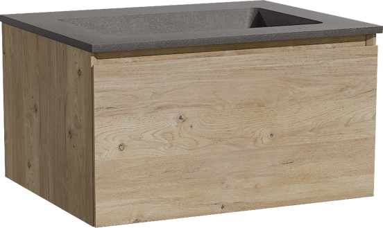 Storke Edge zwevend badmeubel 65 x 52 cm ruw eiken met Scuro enkele wastafel in kwarts mat zwart