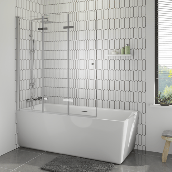 Luca Varess Kuresa dreiteilige zusammenklappbare Badewannenabtrennung 140 cm, Klarglas, Chrom Profil