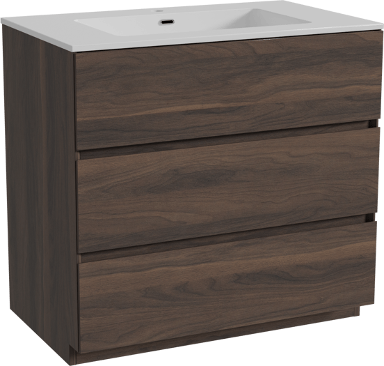 Storke Edge staand badmeubel 85 x 52 cm notenhout met Diva enkele wastafel in composietmarmer hoogglans wit