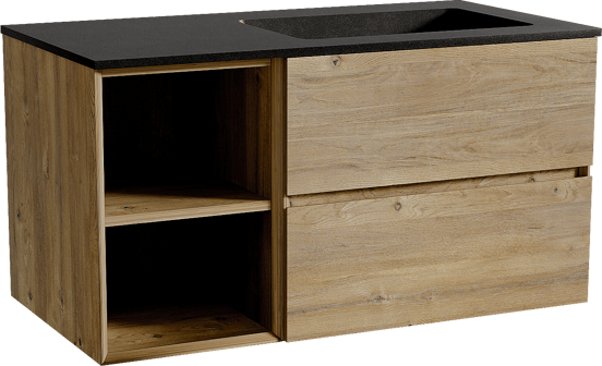 Storke Edge zwevend badmeubel 100 x 52 cm ruw eiken met Scuro asymmetrisch rechtse wastafel in kwarts mat zwart