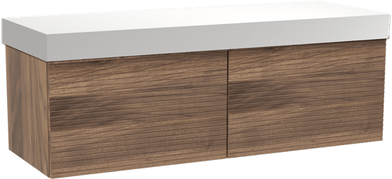 Balmani Forma zwevend badmeubel 150 x 55 cm amerikaans notenhout met Dominus enkel of dubbel wastafelblad in solid surface mat wit, Horizontale symmetrische rechte ribbel