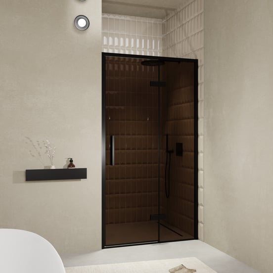 Balmani Senses Design douche draaideur rechts 120 cm x 210 cm Brons glas, Zwarte profielen