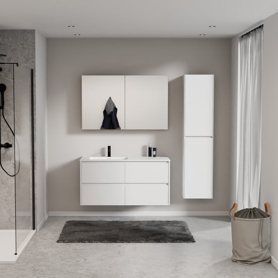 Storke Seda hängendes Möbelstück Set: 120 x 52 cm, Weiß matt, mit Mata Waschtisch links, Solid Surface Weiß matt