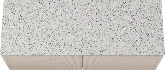 Balmani Eclips zwevend badkamermeubel 150 x 55 cm Sandbeige met Stretto enkel of dubbel tablet in Bianco Nero Terrazzo, Verticale symmetrische rechte ribbel