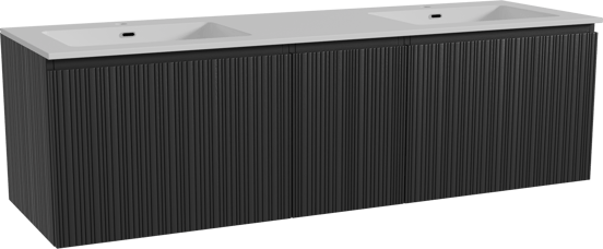 Storke Ribs zwevend badmeubel 165 x 52 cm zwart eiken met Diva dubbele wastafel in composietmarmer hoogglans wit, Verticale asymmetrische rechte ribbel