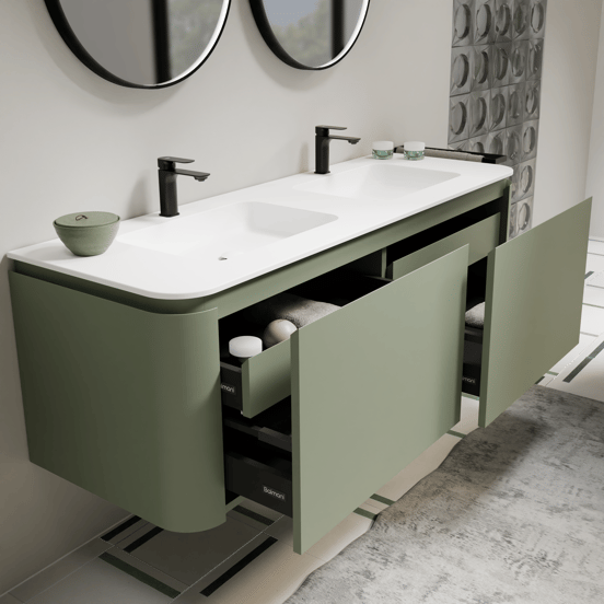 Balmani Moon zwevend badkamermeubel 160 x 55 cm saliegroen met Moon dubbele wastafel in solid surface mat wit