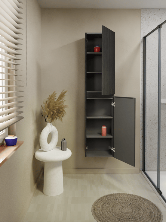 Storke Ribs Badhochschrank: Hängend, Eiche Schwarz, 40 x 30 x 170 cm