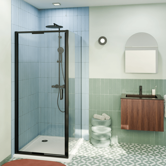 Luca Varess Vidor In paroi de douche avec porte pivotante et paroi latérale fixe 90 x 90 cm verre transparent profil noir mat