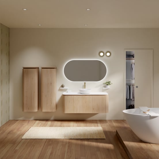 Balmani Moon zwevend badkamermeubel 130 x 55 cm natuur eik met Moon enkel of dubbel tablet in solid surface mat wit