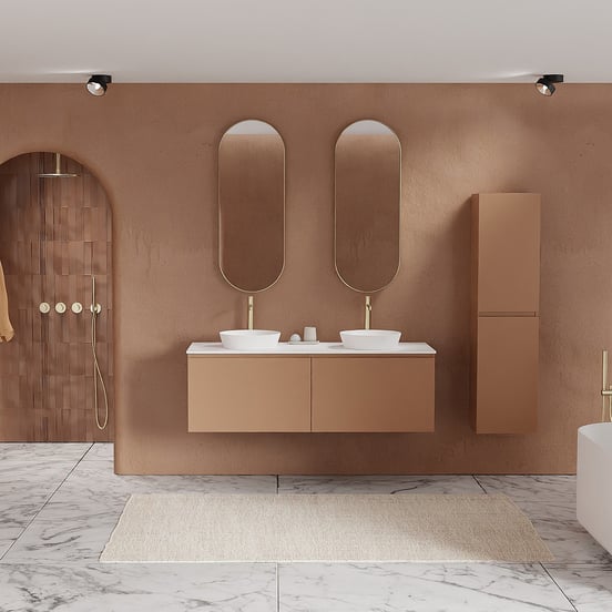 Balmani Sfera hängendes Möbelstück Set: 150 x 55 cm, Cotto, mit Stretto Einzel- oder Doppel Waschtischplatte, Solid Surface Weiß matt